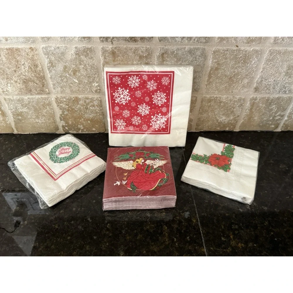 Vintage Christmas Paper Napkins Lot NOS Sealed Santa Poinsettia‎ Hallmark